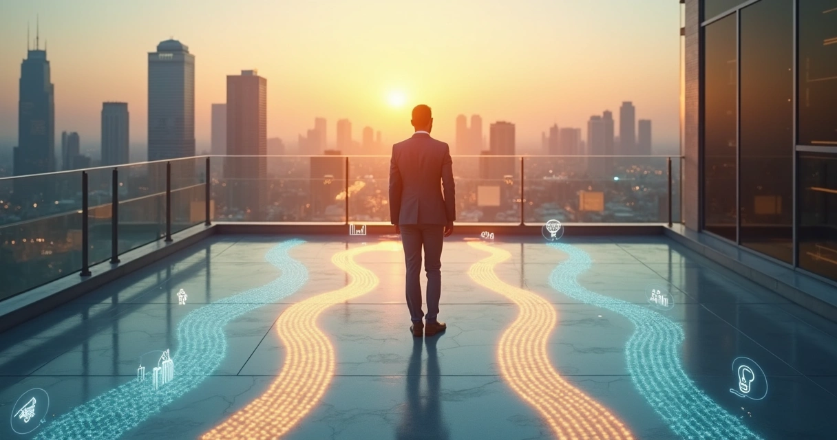 Profissional em pé diante de caminhos com ícones de carreira, valores humanos e tecnologia 