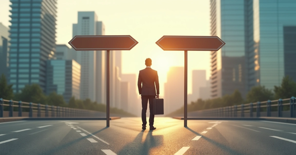 Profissional diante de dois caminhos decidindo direção na carreira 