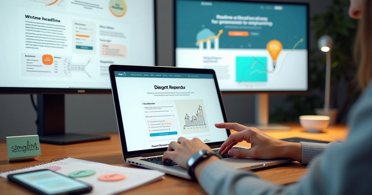 Profissional digitando texto persuasivo em laptop sobre mesa com elementos de marketing digital 