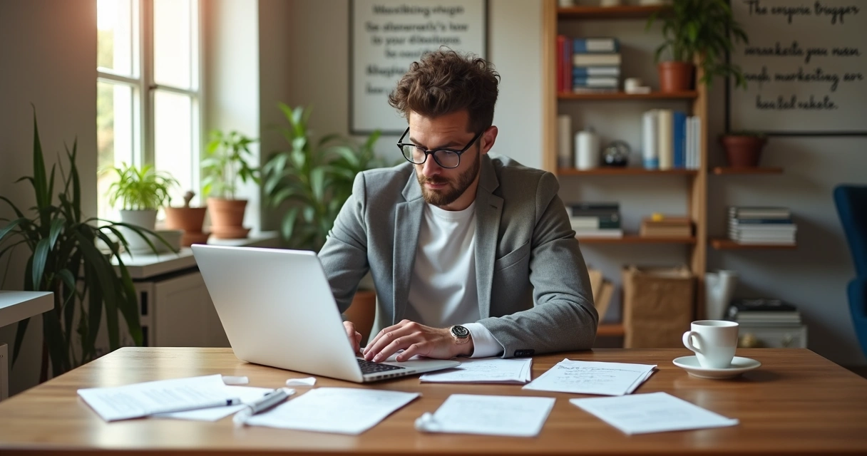 Profissional escrevendo texto persuasivo em notebook com anotações e café ao lado 