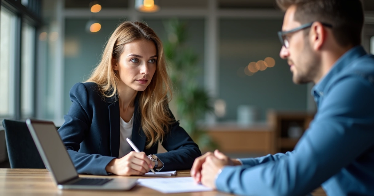 Profissional de marketing ouvindo atentamente cliente em sessão de consultoria 