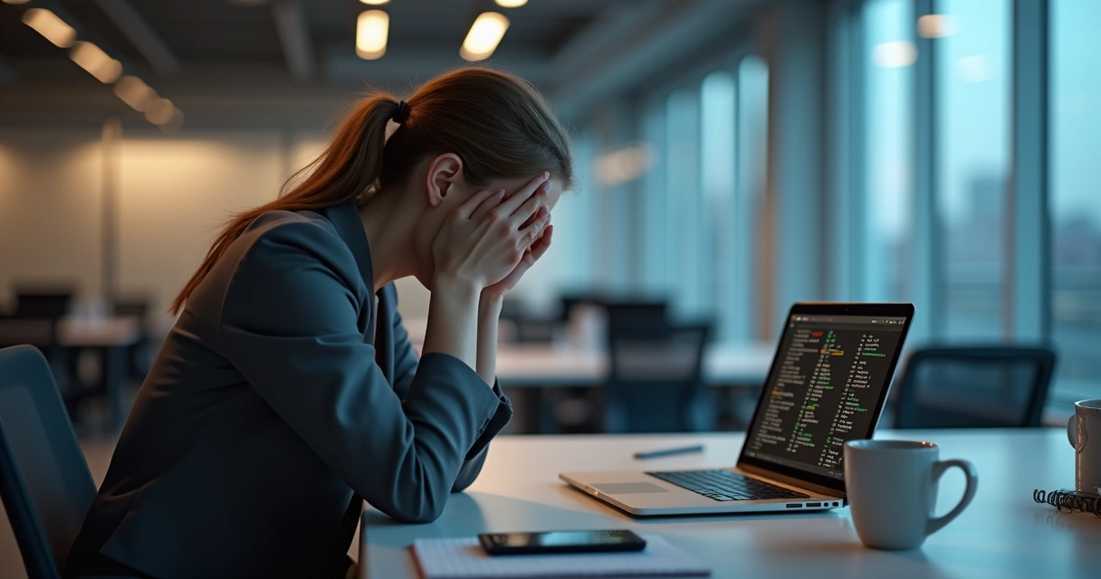 Mulher cansada segurando a cabeça em frente ao computador no escritório 