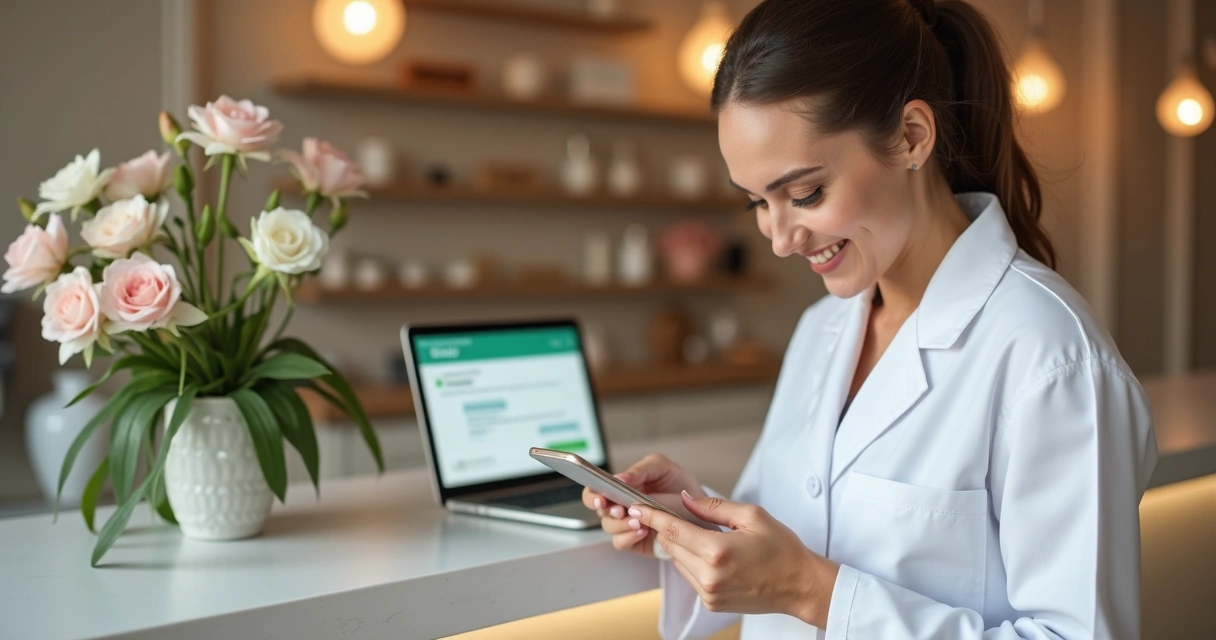 Profissional de estética usando um celular para atendimento digital com cliente. 