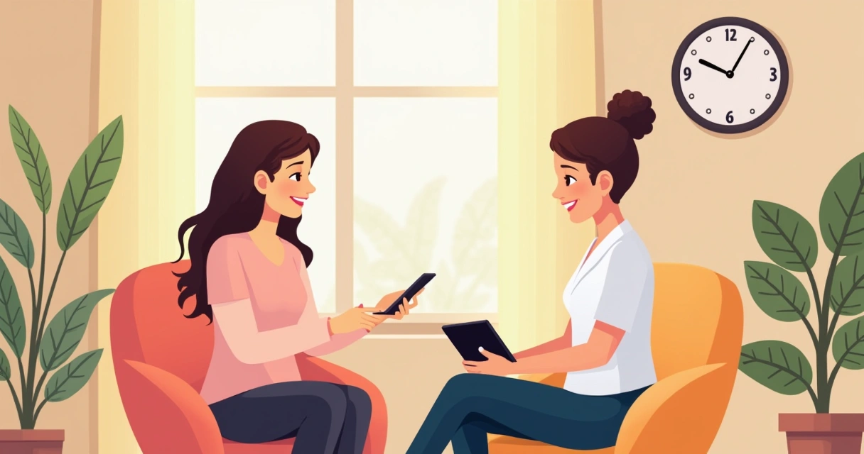 Esteticista conversando com paciente em consultório confortável 