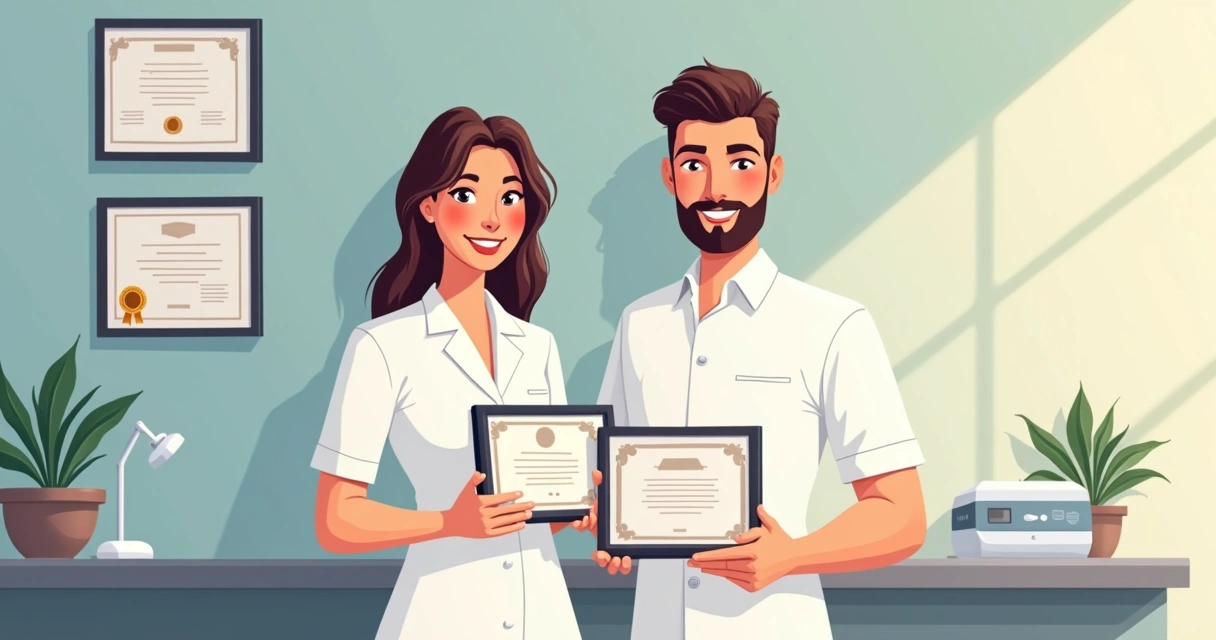 Profissional de estética mostrando certificado em clínica moderna 