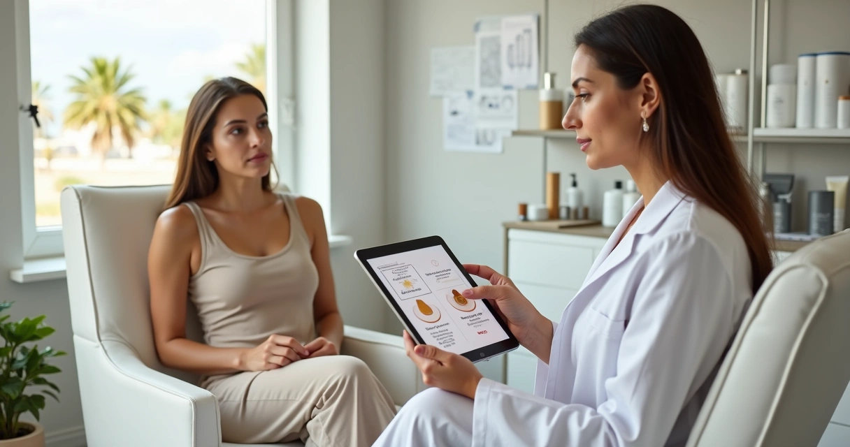 Profissional de estética orientando paciente sobre cuidados com a pele no verão 