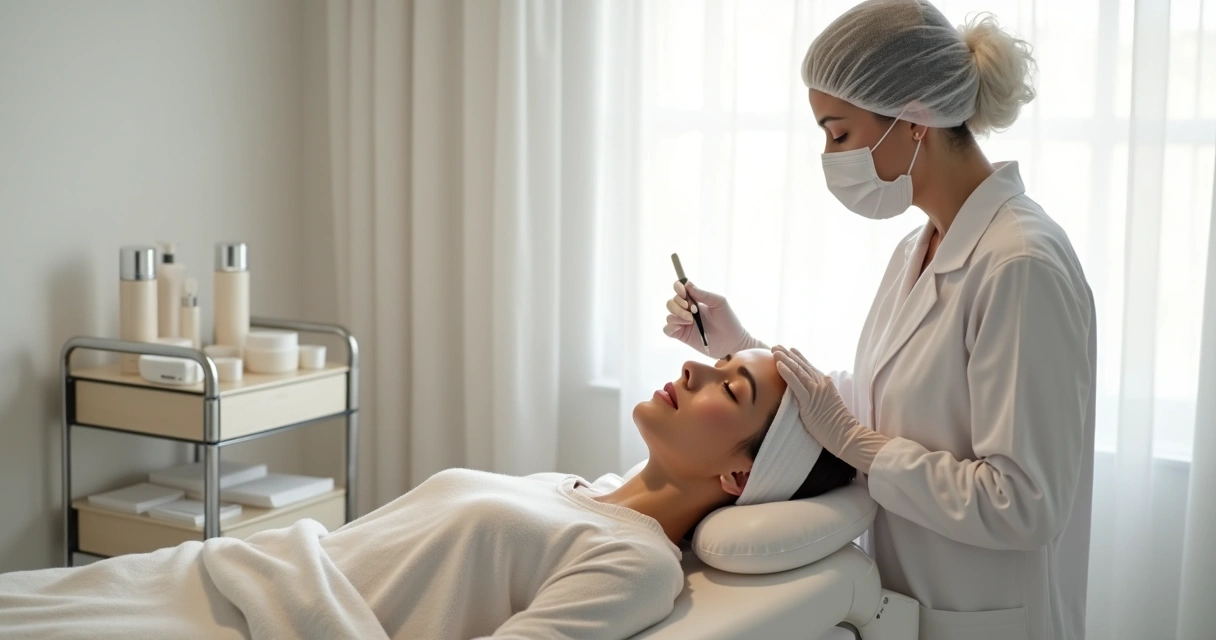 Profissional de saúde estética aplicando peeling químico com segurança em paciente deitada na clínica 