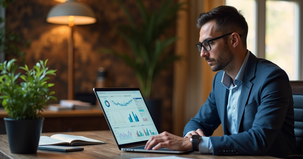 Profissional de marketing digital analisando gráficos e planejamento em laptop moderno, ambiente luxuoso e iluminado 