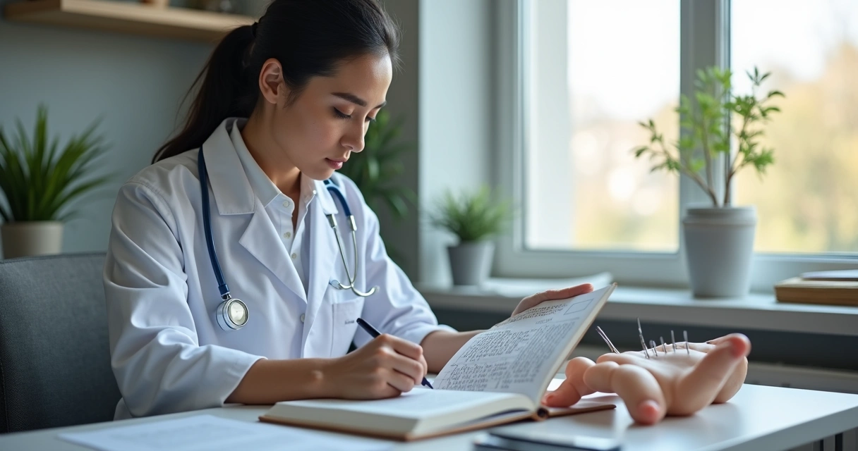 Profissional de saúde lendo livro de acupuntura e praticando em simulador em mesa de estudos. 