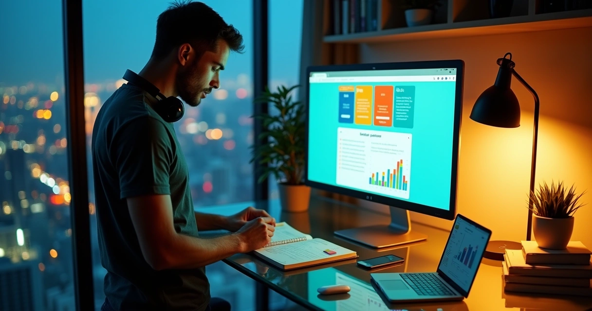 Profissional estudando online em sala iluminada à noite com cidade ao fundo 