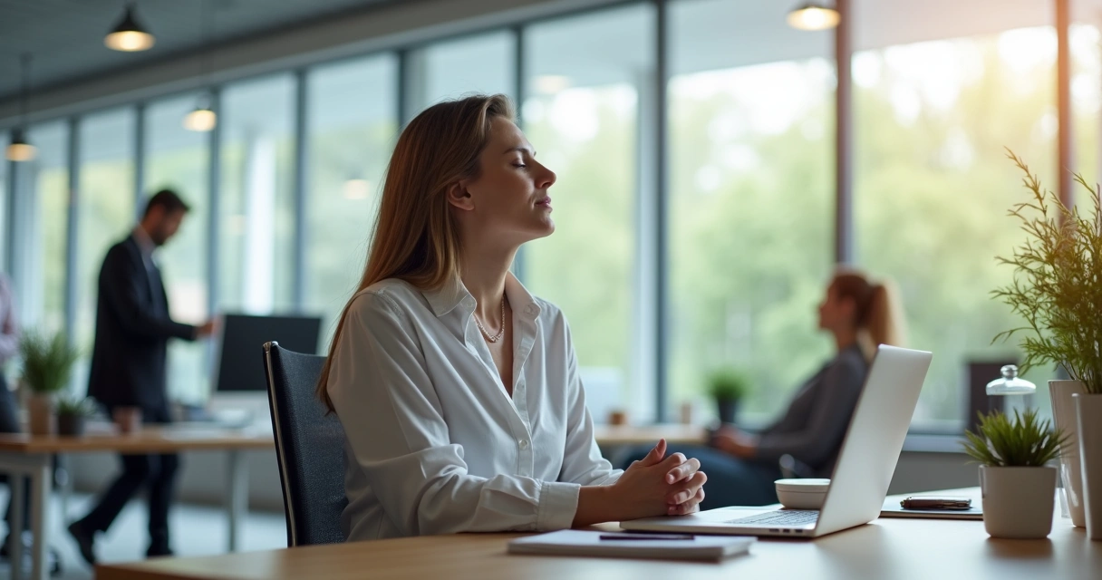 Profissional sentado em escritório luminoso fazendo pausa consciente para evitar burnout 