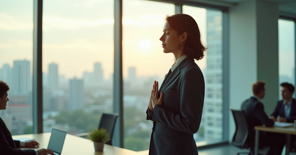 Profissional respirando profundamente perto da janela do escritório 