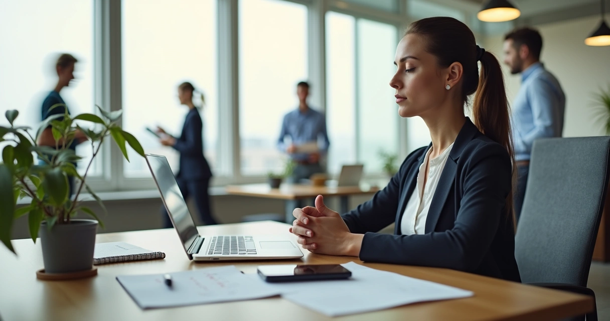 Profissional em escritório respirando fundo e organizando tarefas com calma 