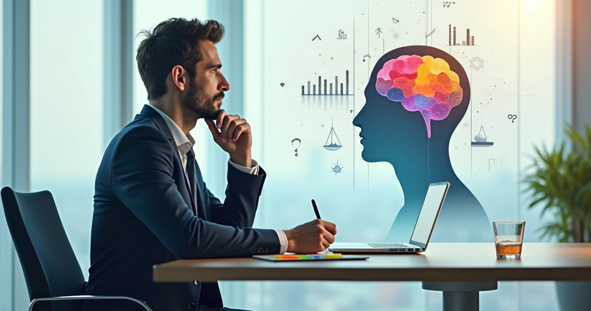 Profissional avaliando decisão com mente racional e emocional equilibradas 