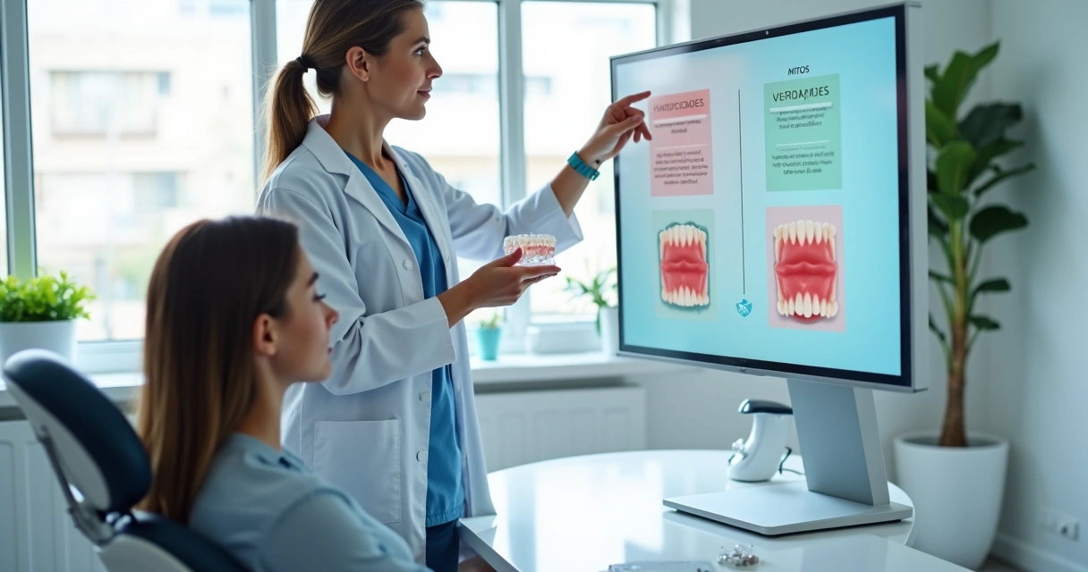 Profissional odontológico explicando mitos sobre prótese flexível em consultório moderno 