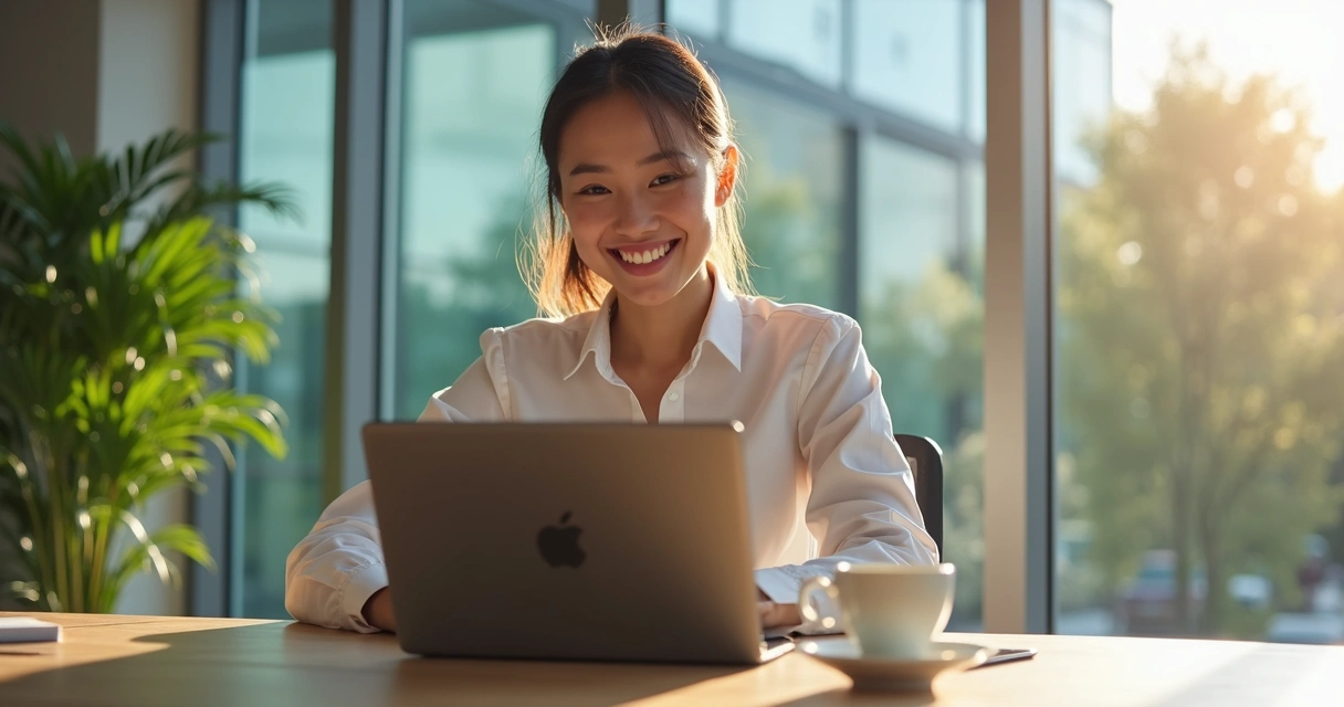 Pessoa sorrindo mexendo no notebook em um ambiente de trabalho moderno 