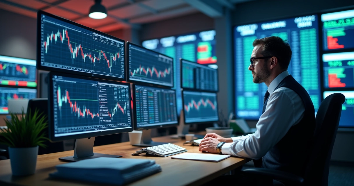 Mesa de negociação com gráficos e uma pessoa analisando ordens de compra e venda 