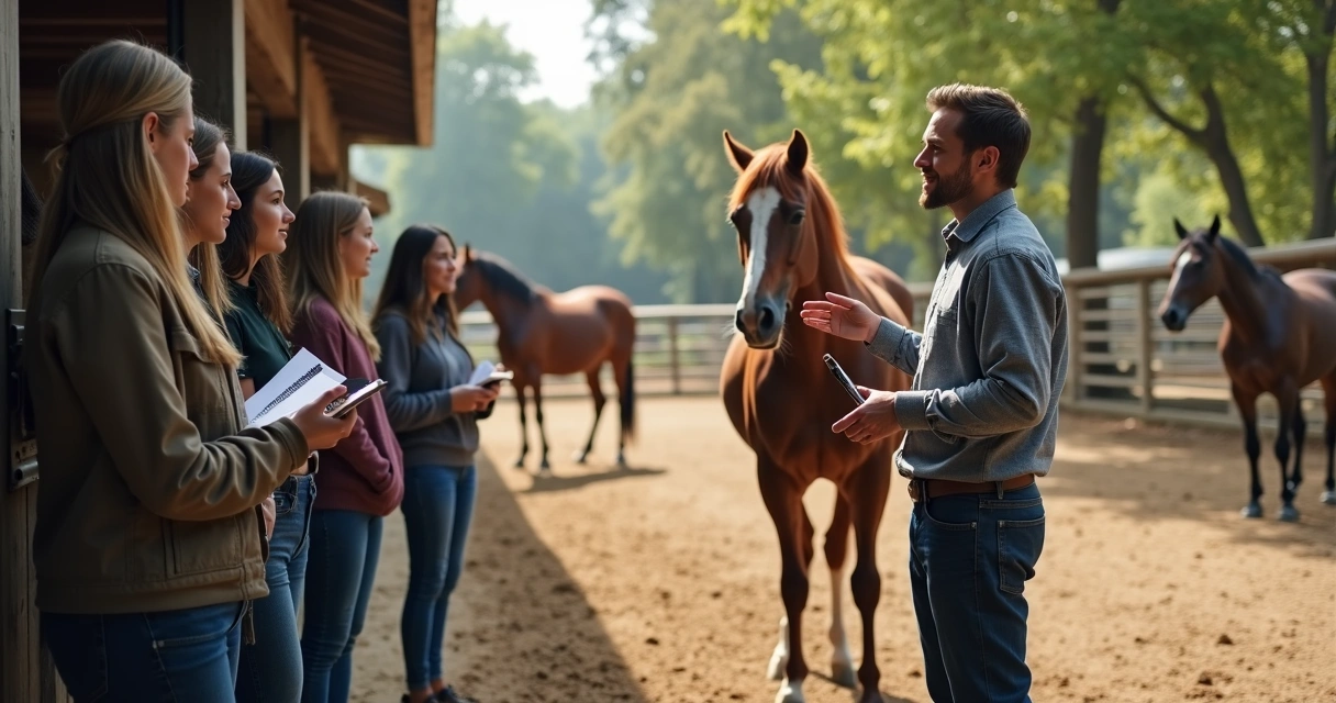 Professor explicando manejo de cavalos em campo para estudantes
