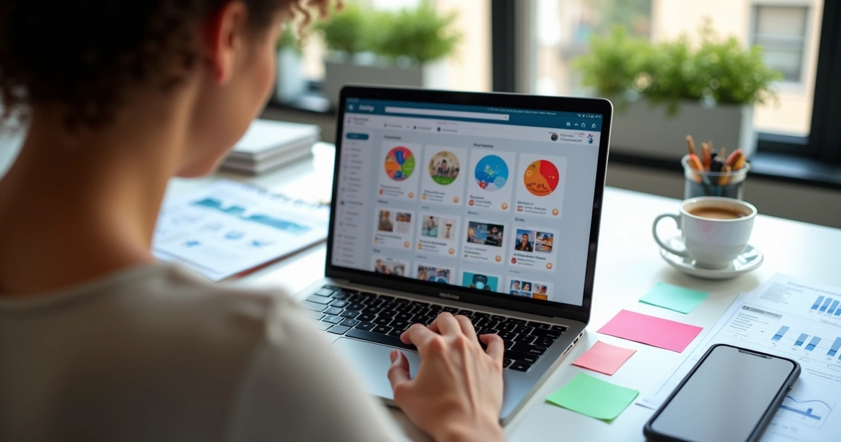 Profissional de marketing digital trabalhando em notebook com redes sociais abertas 