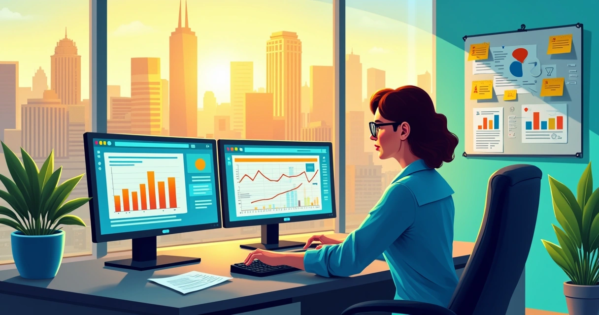 Profissional em escritório moderno otimizando campanha do Google Ads com gráficos coloridos.