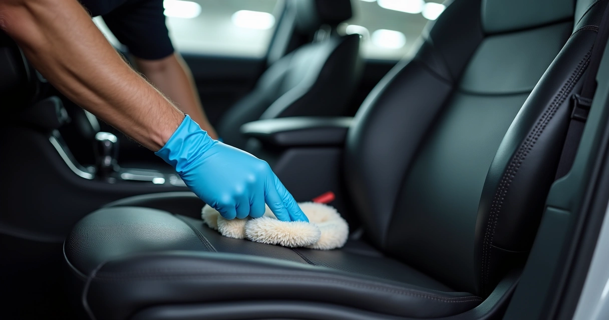 Profissional aplica hidratação em banco de couro 