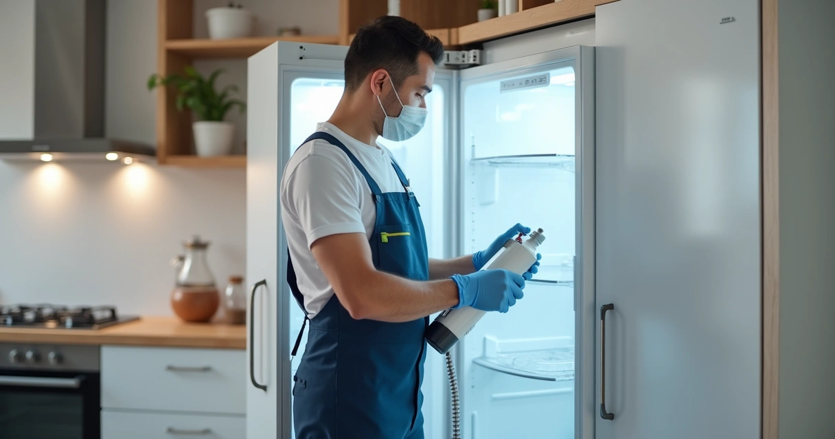 Profissional higienizando geladeira residencial. 