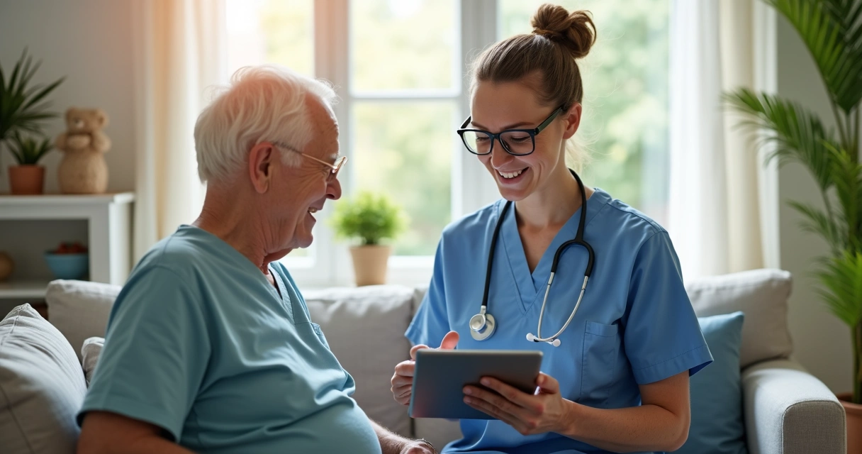 Profissional de saúde usando tablet em atendimento domiciliar