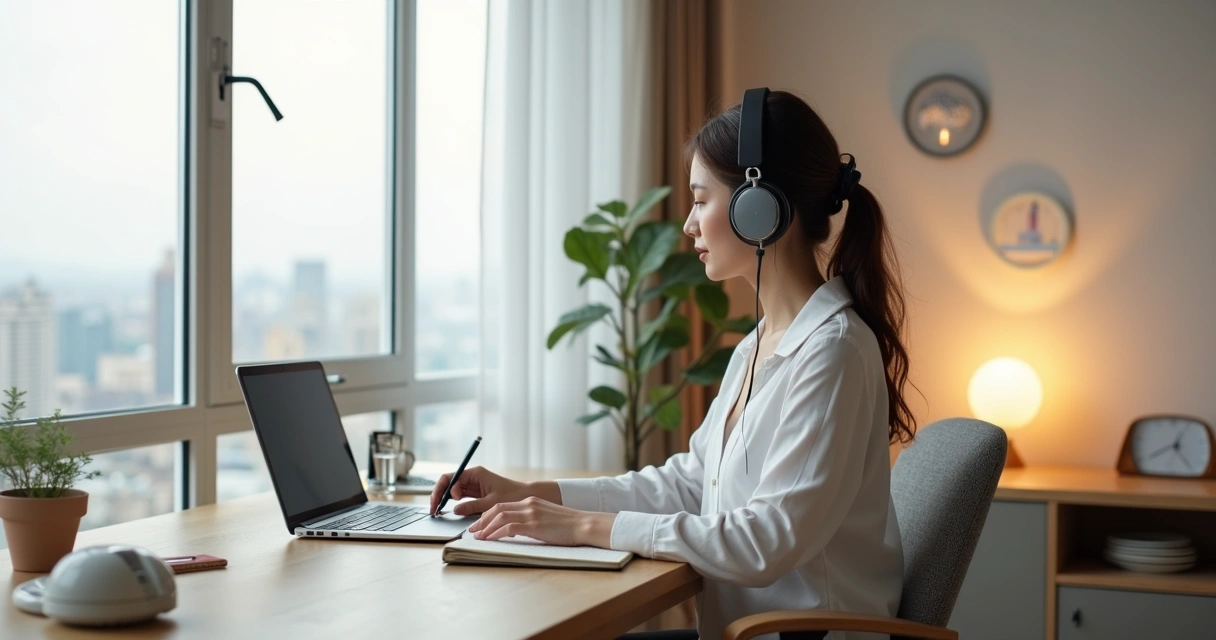 Profissional em home office praticando inteligência emocional em ambiente calmo e organizado 