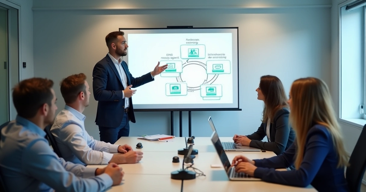 Profissional de tecnologia explicando IA para equipe 