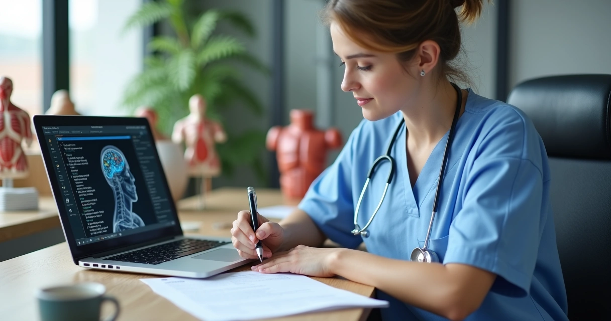 Profissional de saúde revisando texto gerado por inteligência artificial 