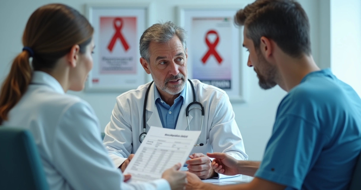 Profissional infectologista em consulta com paciente analisando exames