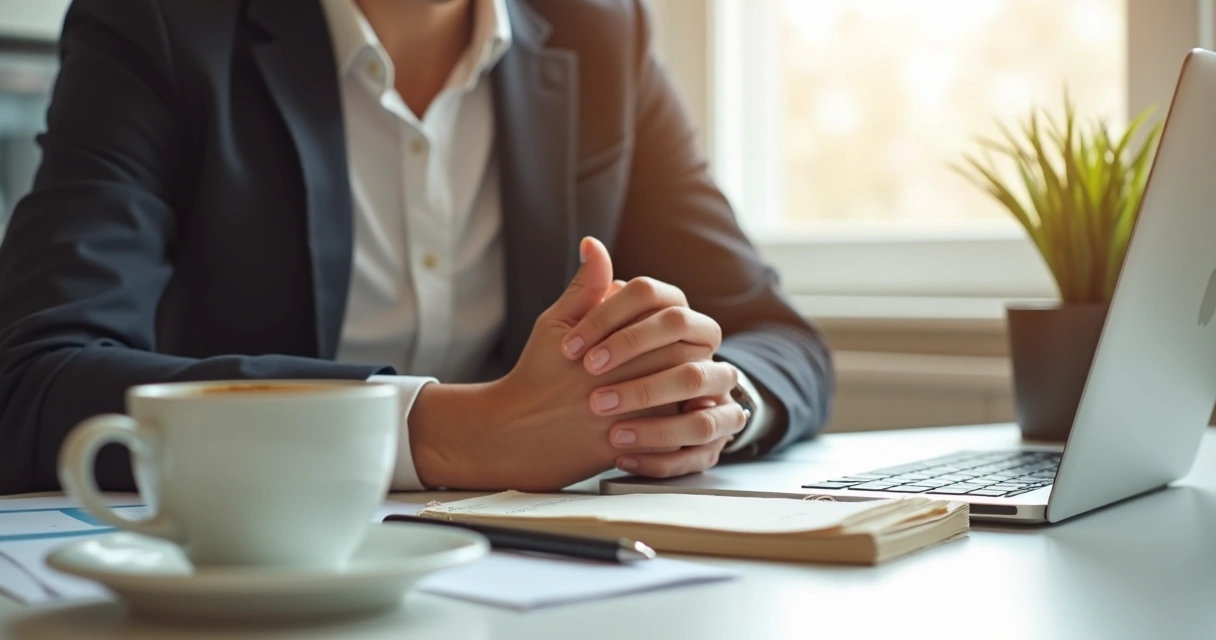 Jovem profissional sentado à mesa olhando para frente, rodeado de material de trabalho