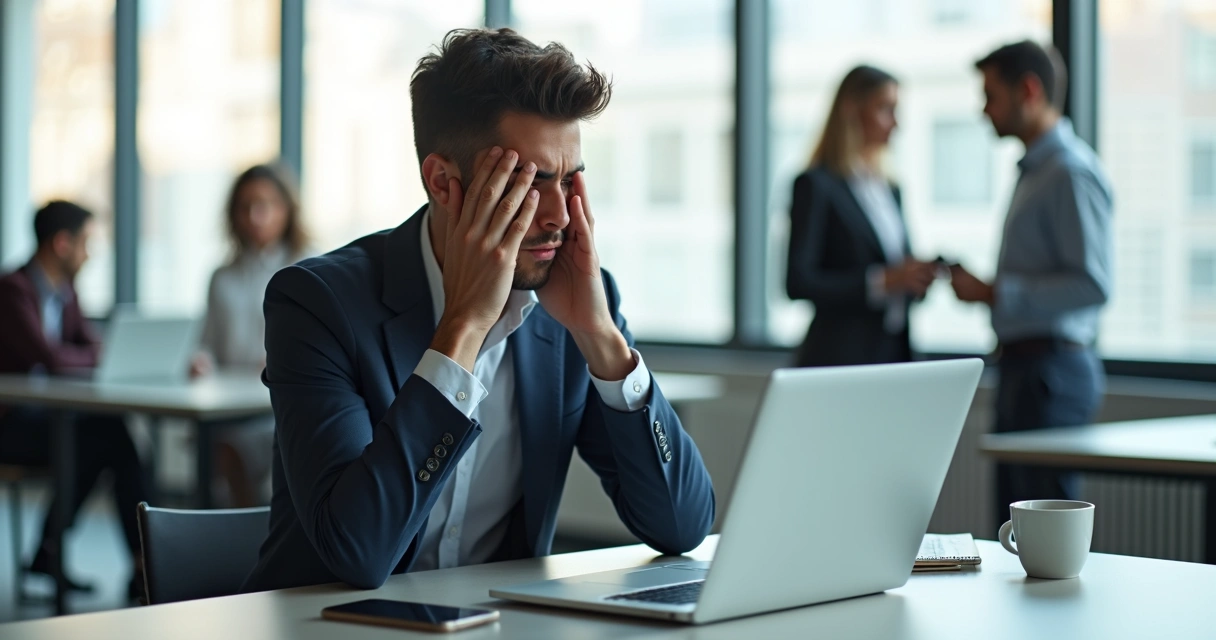 Profissional sentado em frente ao computador demonstrando insegurança no trabalho 