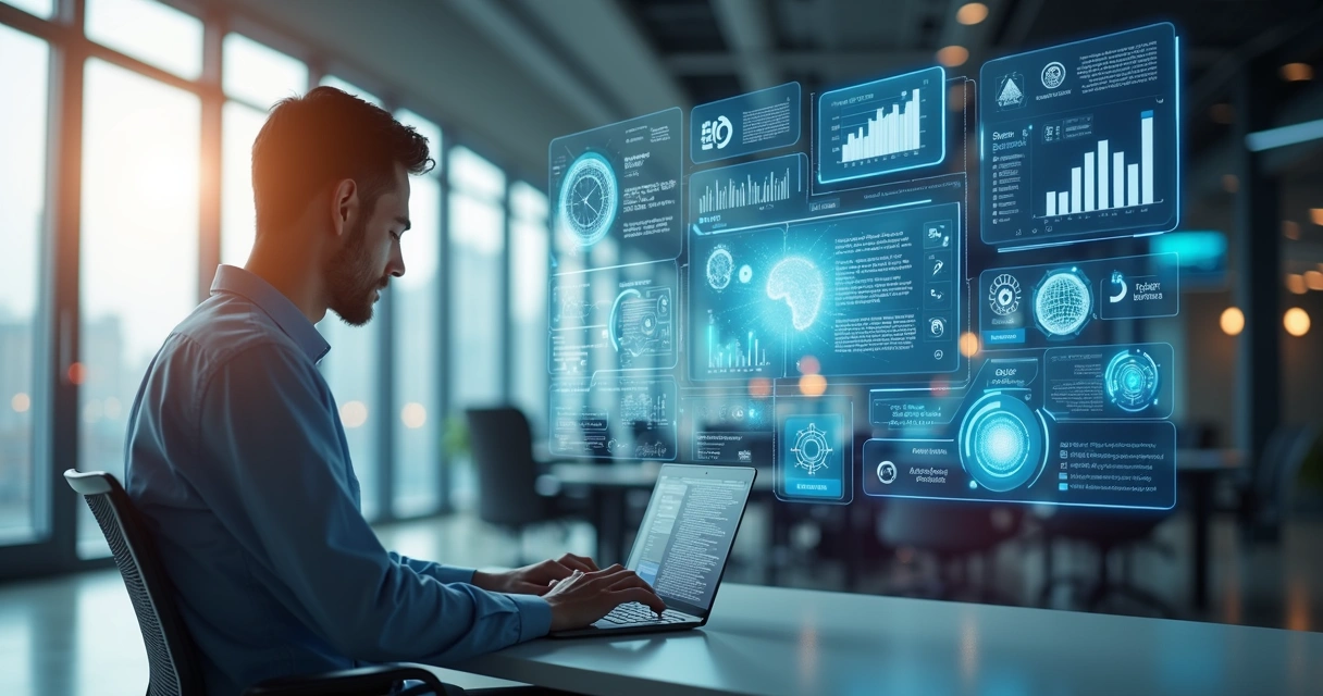 Profissional usando computador com telas de inteligência artificial ao fundo 