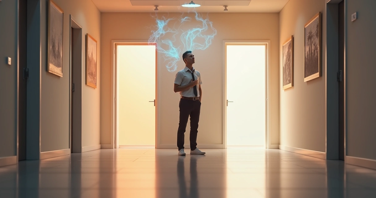 Profissional em corredor de escritório pausando reação emocional diante de dupla porta colorida 