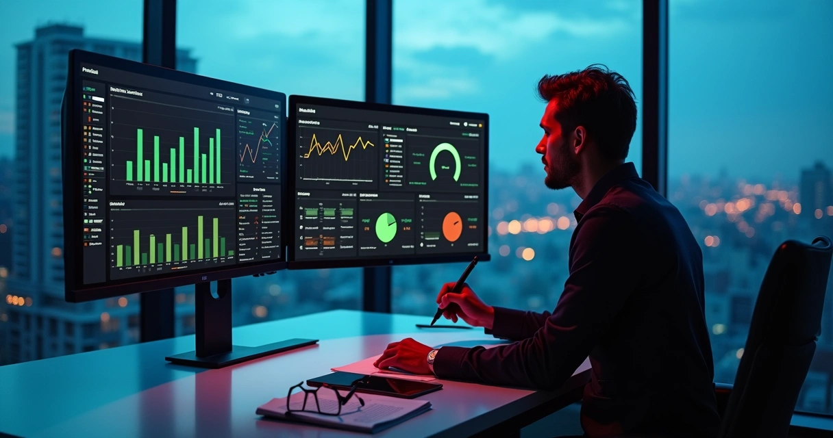 Profissional analisa KPIs em grande painel digital colorido 