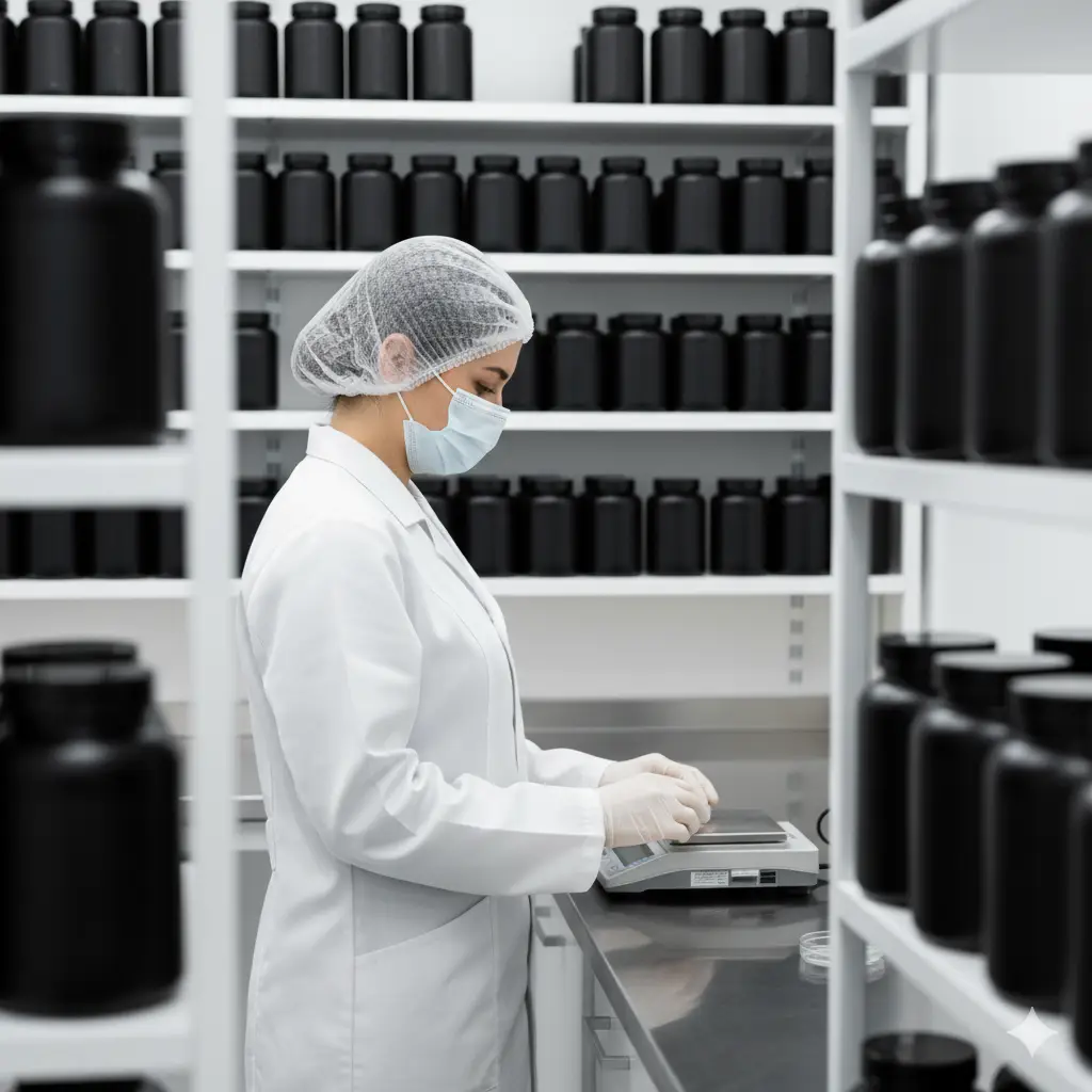 Profissional de laboratório usando jaleco branco, touca e máscara, operando balança digital entre prateleiras com frascos pretos