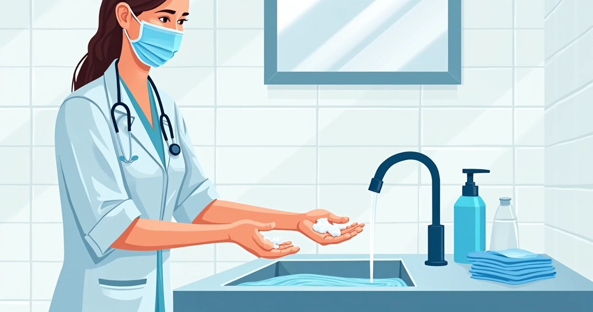Impacto da higiene das mãos no controle de patógenos como C. difficile e norovírus 1 Médico de jaleco lavando as mãos em pia hospitalar, visão lateral, fundo limpo