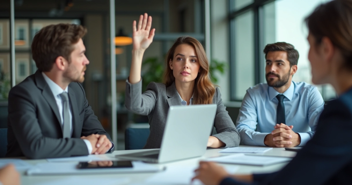 Profissional levantando a mão para falar sobre ética em reunião 