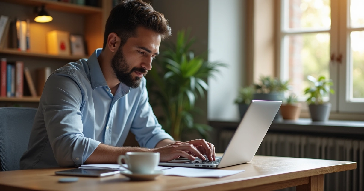 Profissional liberal trabalhando em home office, usando notebook 