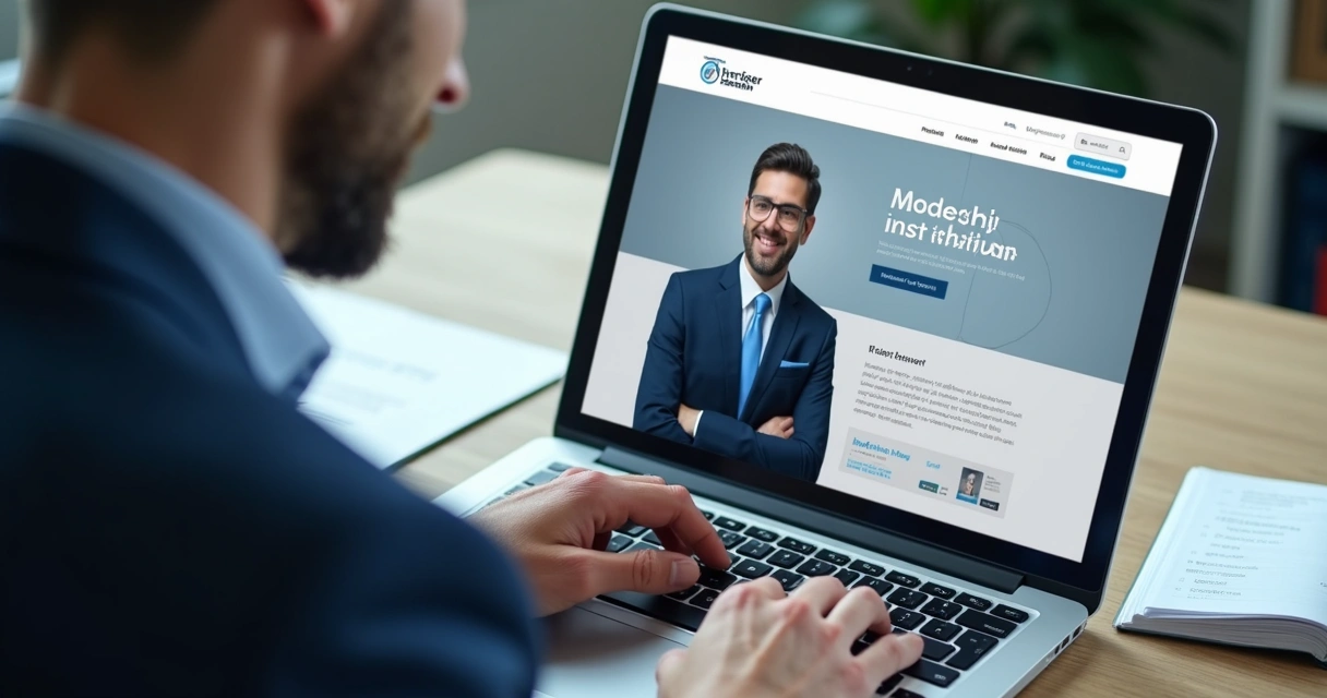 Profissional liberal trabalhando em site institucional em notebook 