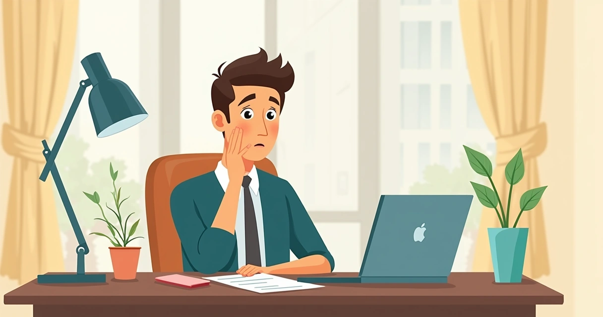 Profissional de alta renda sentado com expressão pensativa ao lado de documentos e computador desligado 