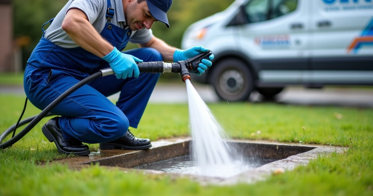 Técnico limpeando caixa de inspeção de esgoto com equipamento 