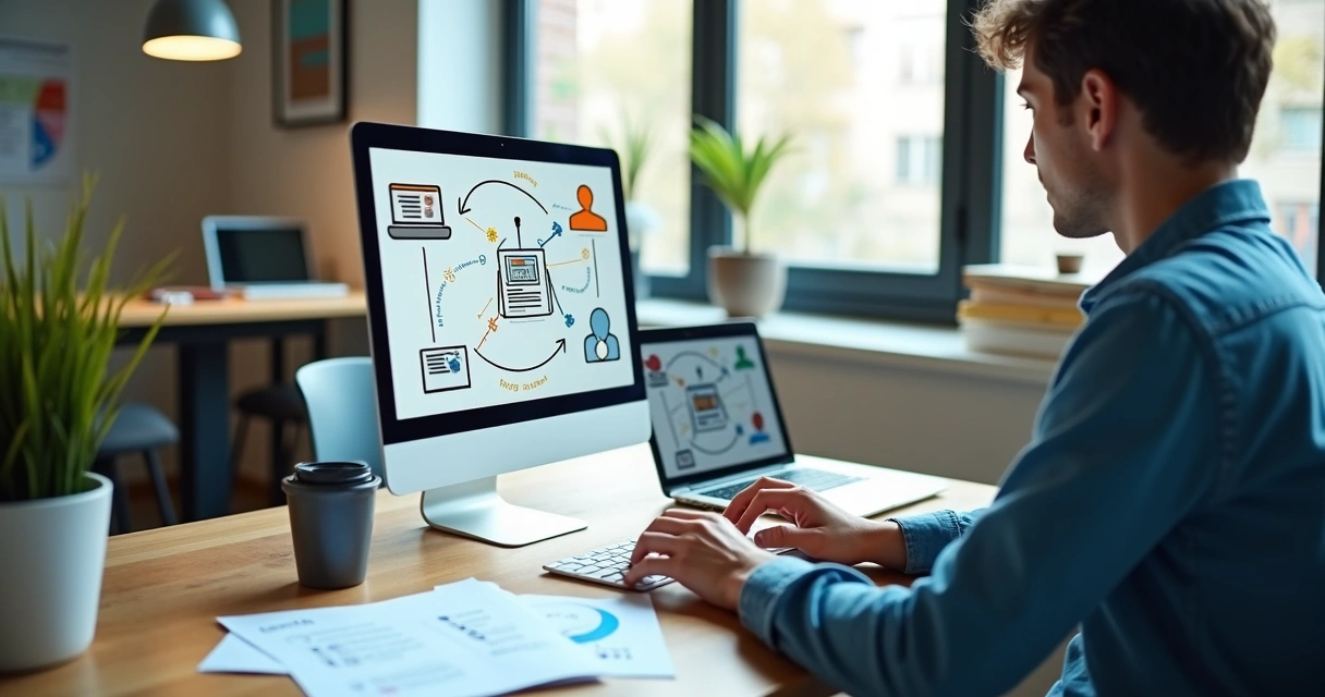 Profissional elaborando estratégia de link building e presença online 