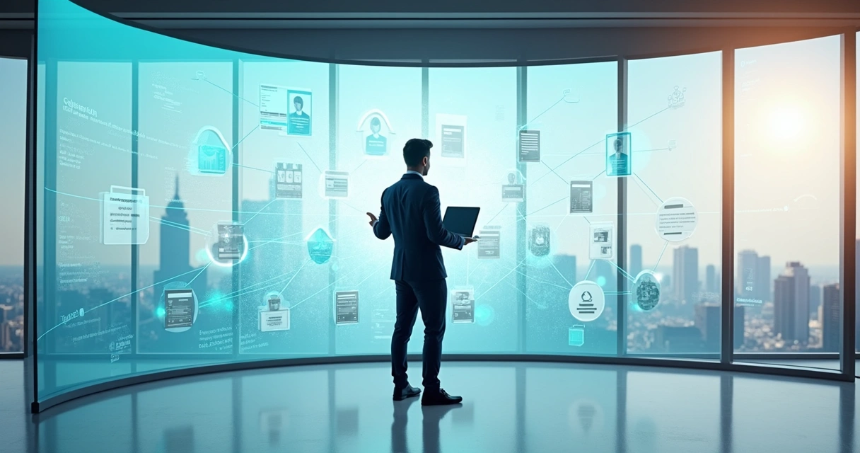Profissional em frente a painel digital com conexões estilo LinkedIn 