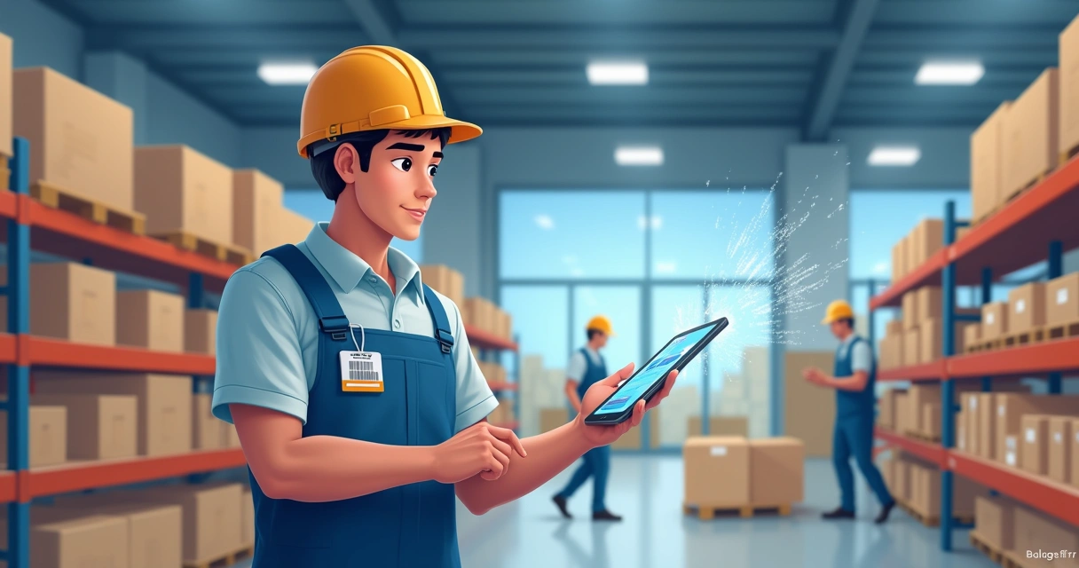 Auxiliar de logística usando sistemas digitais no armazém 