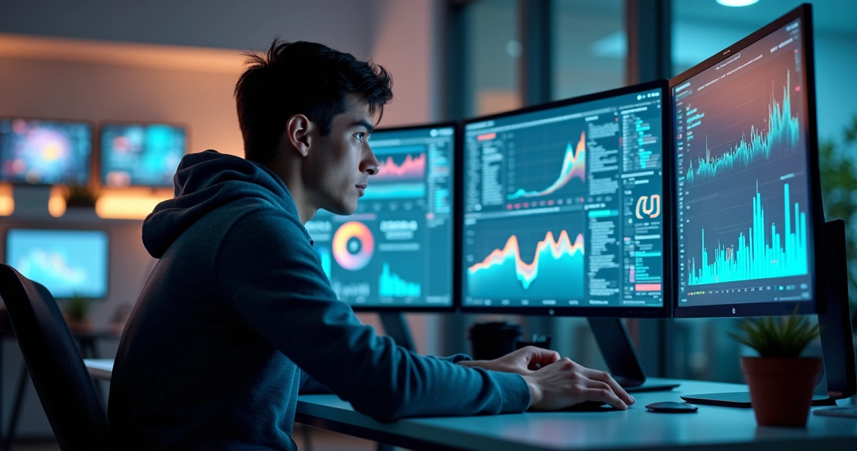 Pessoa analisando gráficos de dados em vários monitores em ambiente de trabalho tecnológico 