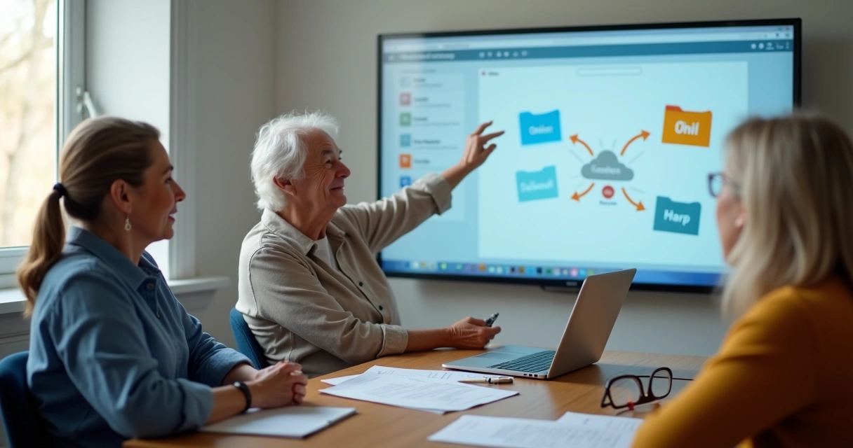 Profissional maduro em sala clara fazendo aula prática de tecnologia com ajuda de jovem instrutor 