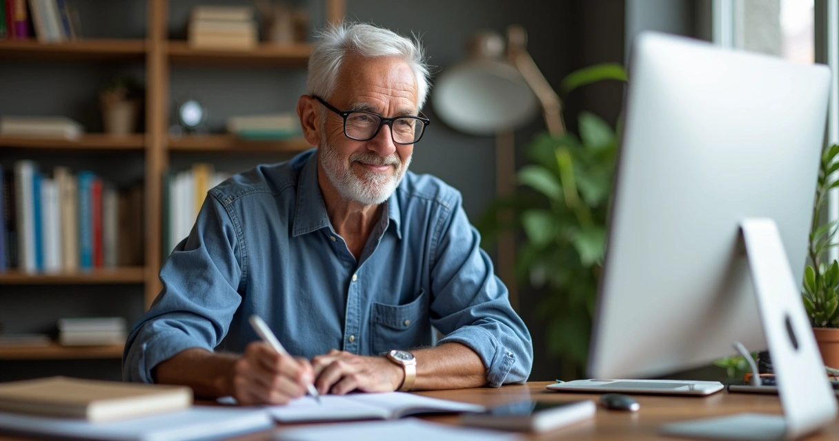 Pessoa madura usando computador e caderno lado a lado 