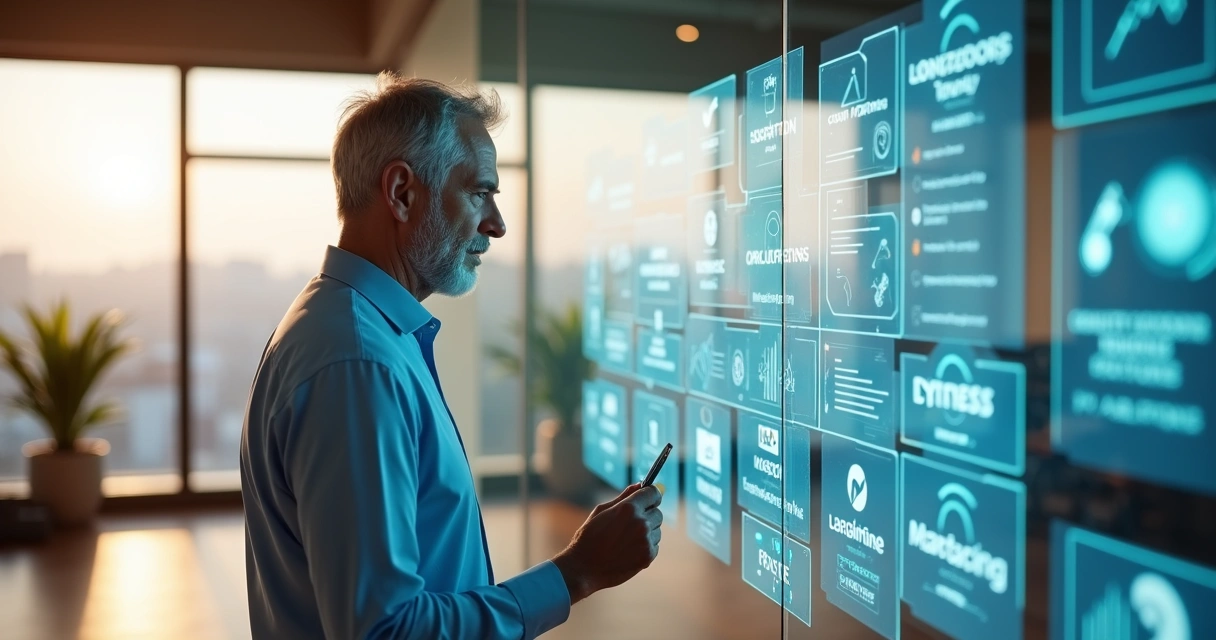 Profissional maduro observando mosaico de ícones de renda digital 